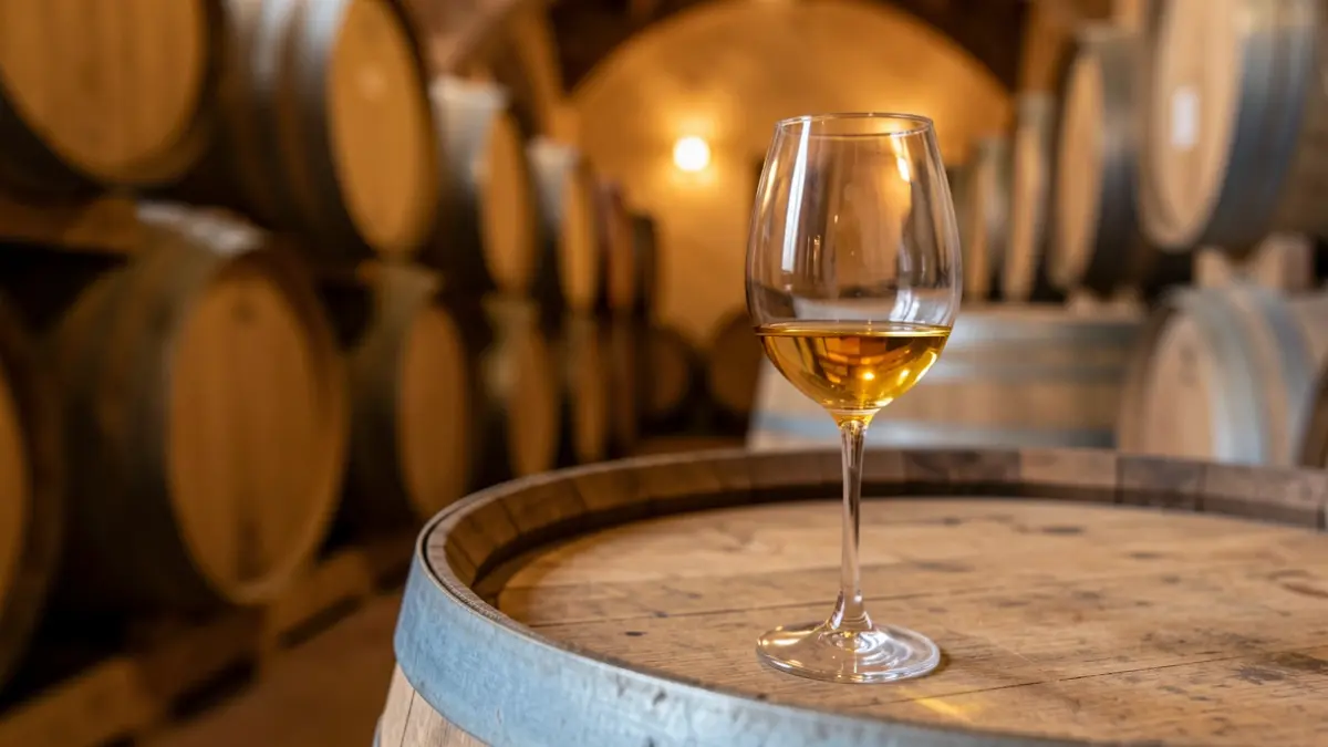Glass of Montilla wine on a barrel in a traditional winery.