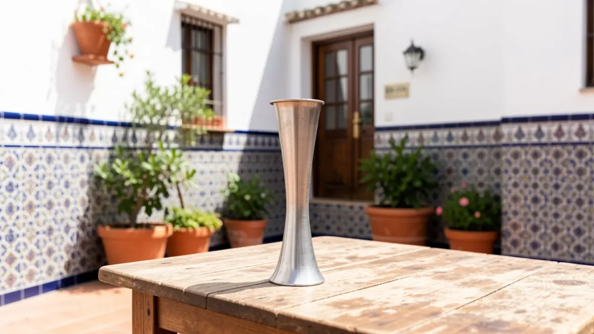 Traditional Andalusian courtyard with tiles and a venencia on a table.