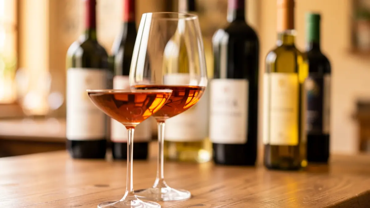 Copa de vino y botellas de aceite de oliva en una mesa de cata.