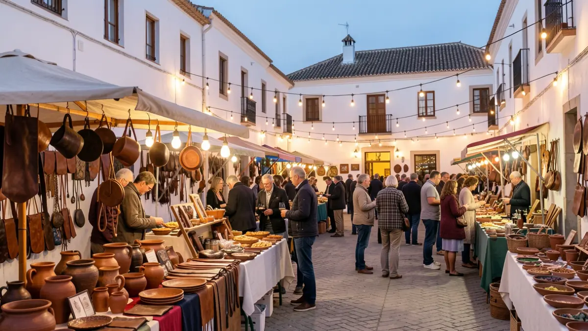 Imagen genérica de una feria de artesanía y fiesta del vino en una plaza andaluza al atardecer.