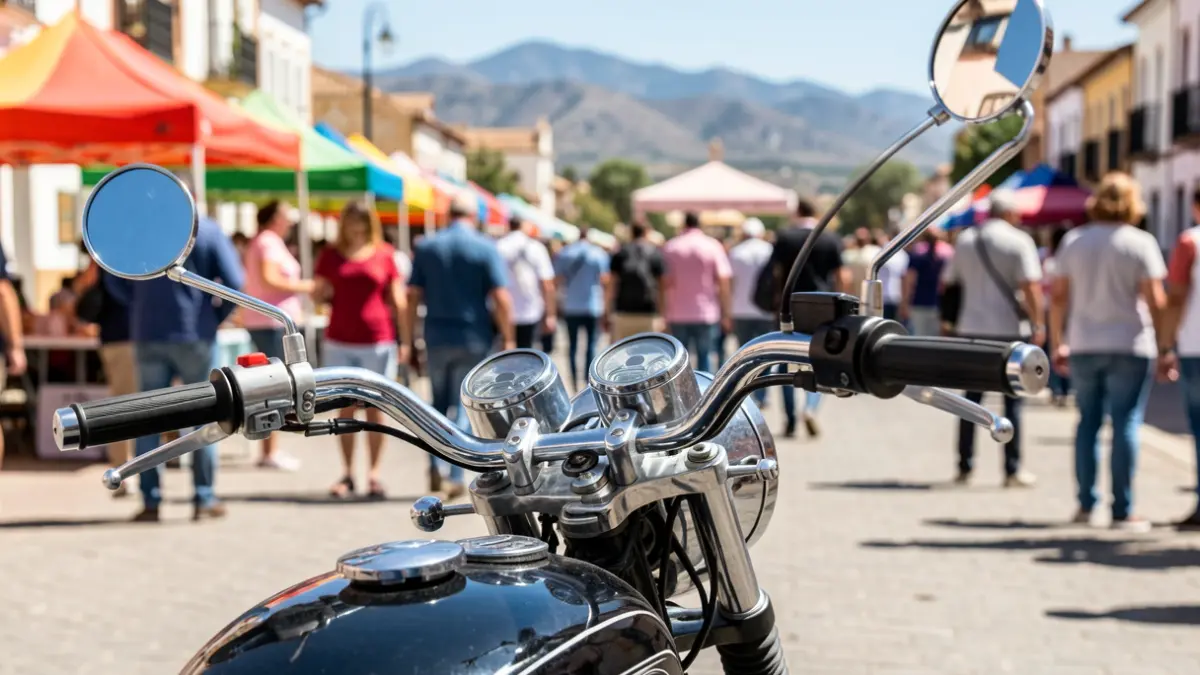 Imagen de una concentración motera en Montilla, con detalles de motocicletas y ambiente festivo.