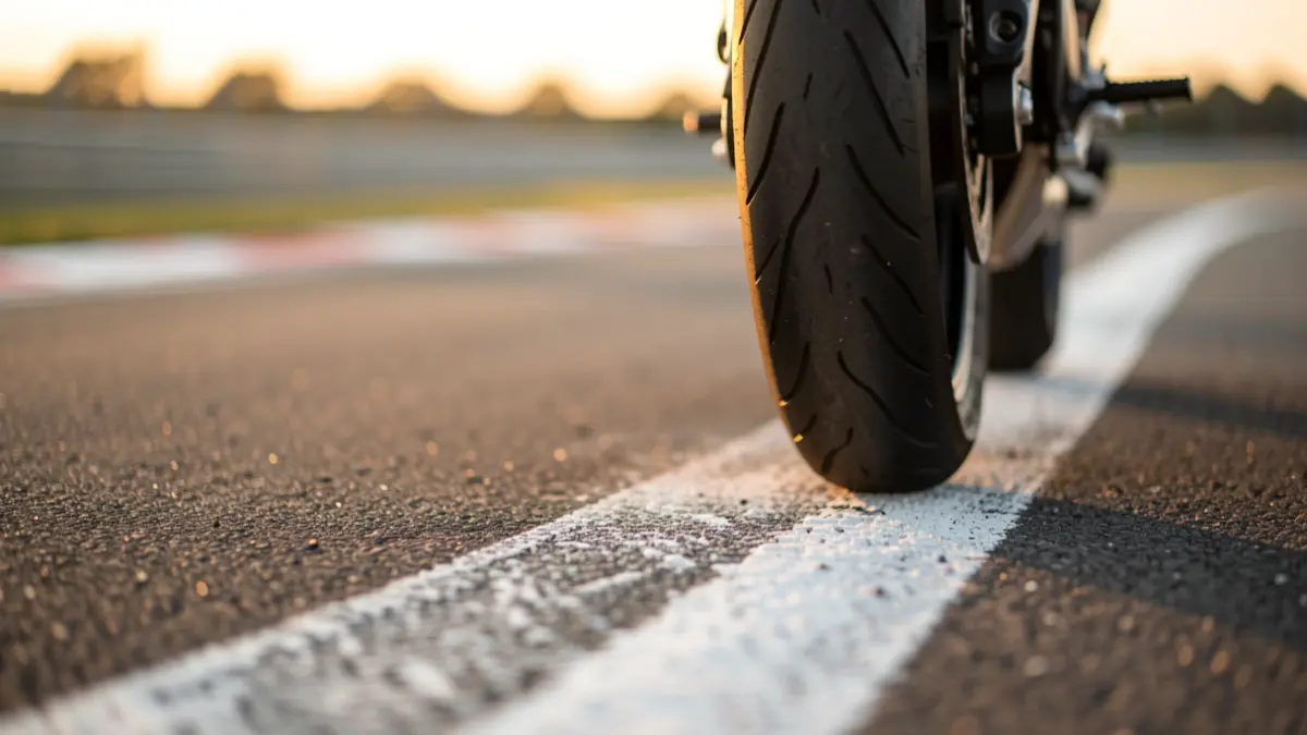 Primer plano de un neumático de motocicleta en un circuito de carreras con líneas blancas y asfalto borroso al atardecer.