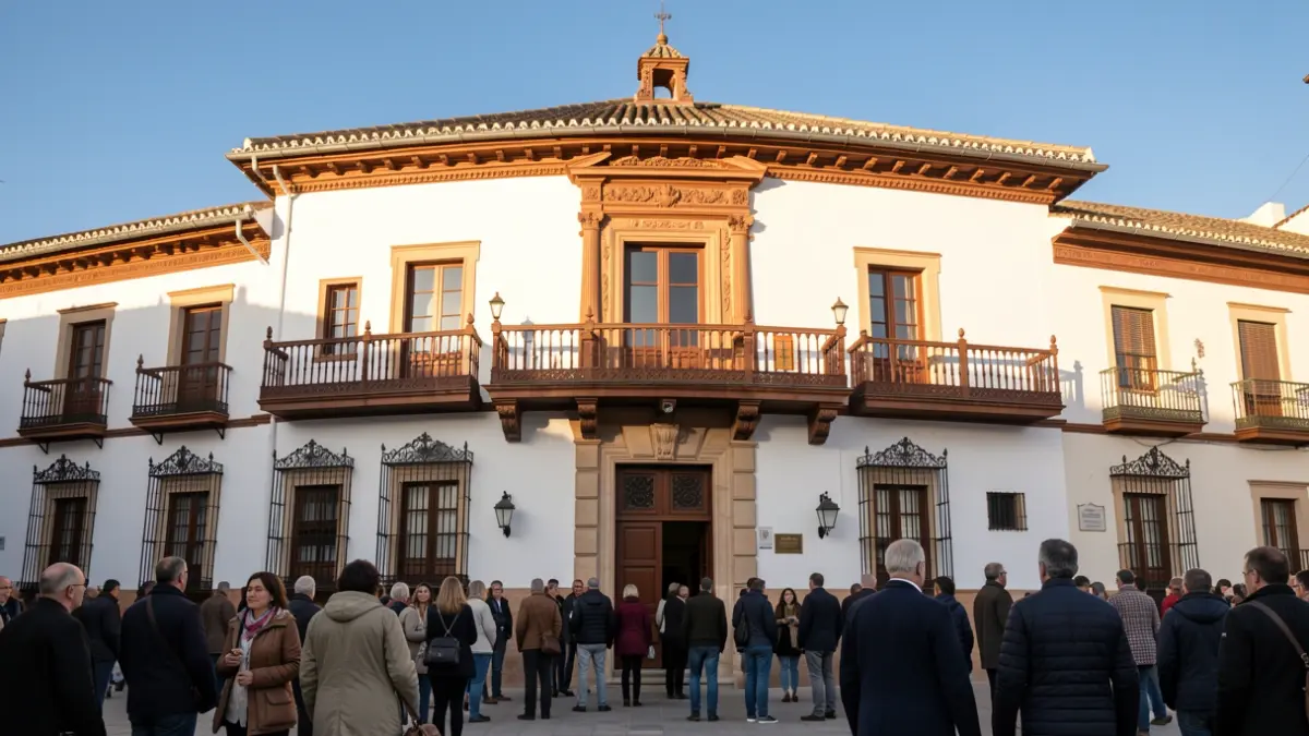 Facade of an Andalusian town hall with ornate balconies and white walls, under the afternoon sunlight.