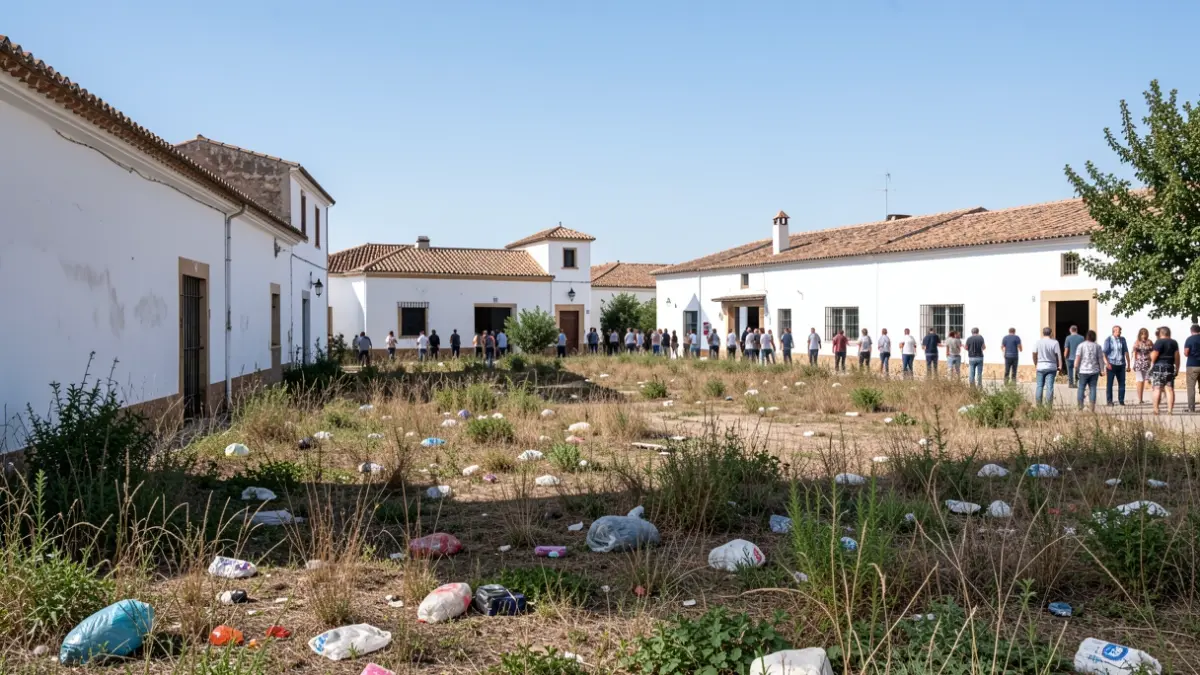 Image of a neglected commercial park with weeds and litter.