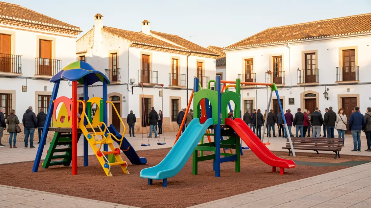 Parque infantil renovado en Motril con estructuras coloridas y edificios andaluces al fondo.