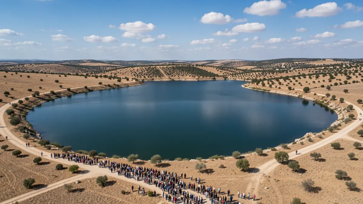 Vista aérea de un embalse rodeado de paisaje mediterráneo.