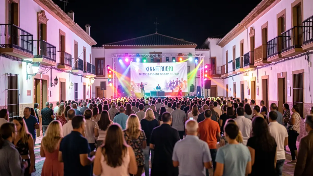 Imagen genérica de una plaza de pueblo andaluz por la noche durante una fiesta, con luces de escenario y público.
