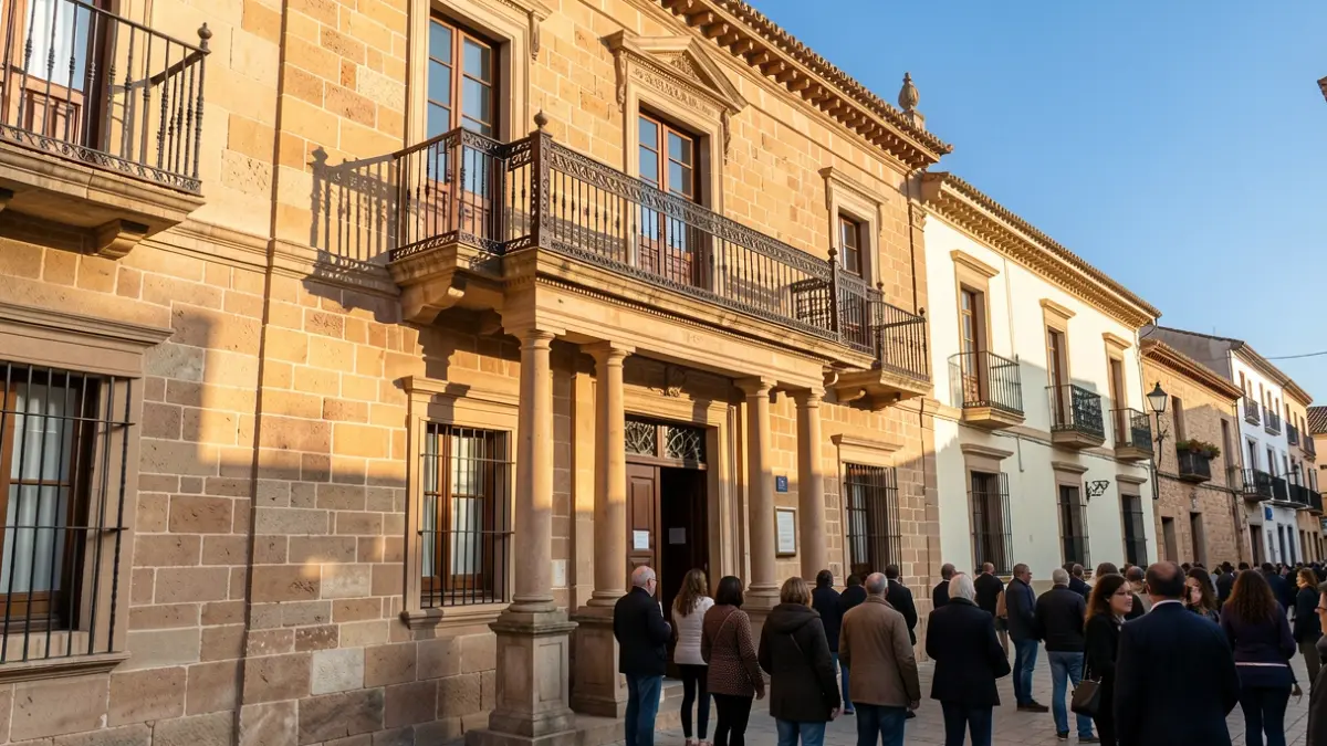 Facade of an Andalusian town hall with an ornate balcony and afternoon light.