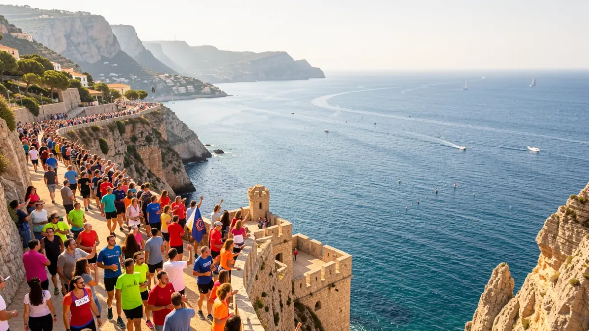 Vista del Balcón de Europa en Nerja, escenario de la Carrera Urbana y el Trofeo de Marcha.