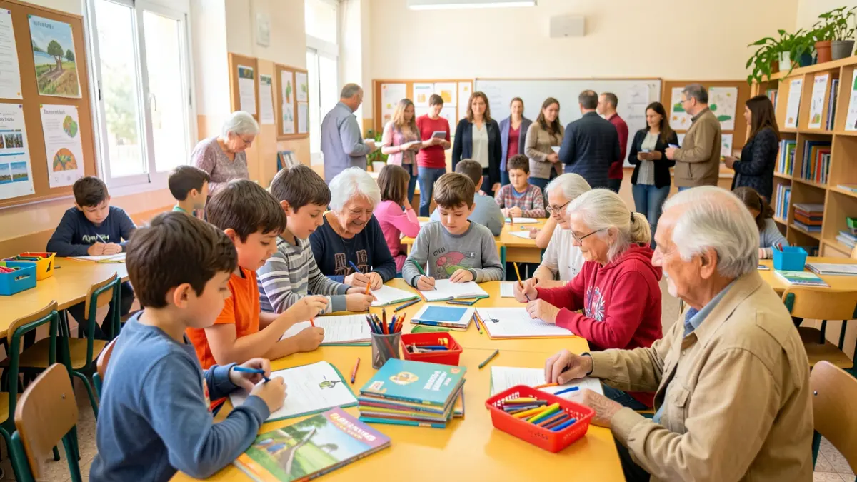 Image of children and elderly people participating in a road safety workshop in Nerja.
