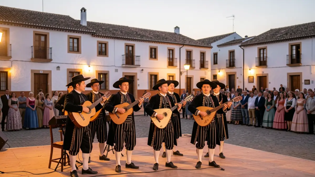 Actuación de tunos en un certamen cultural al aire libre en un pueblo andaluz.