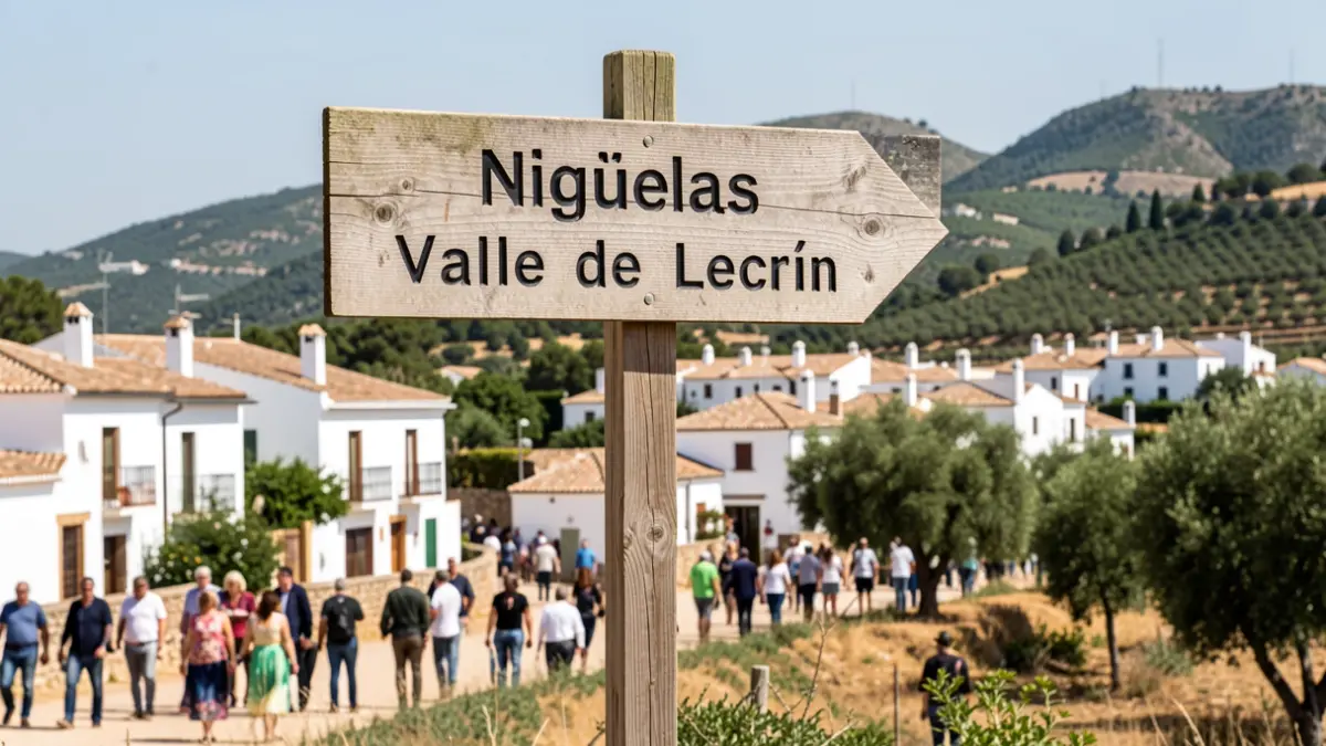 Señal de tráfico indicando Nigüelas y Valle de Lecrín en un paisaje andaluz soleado.