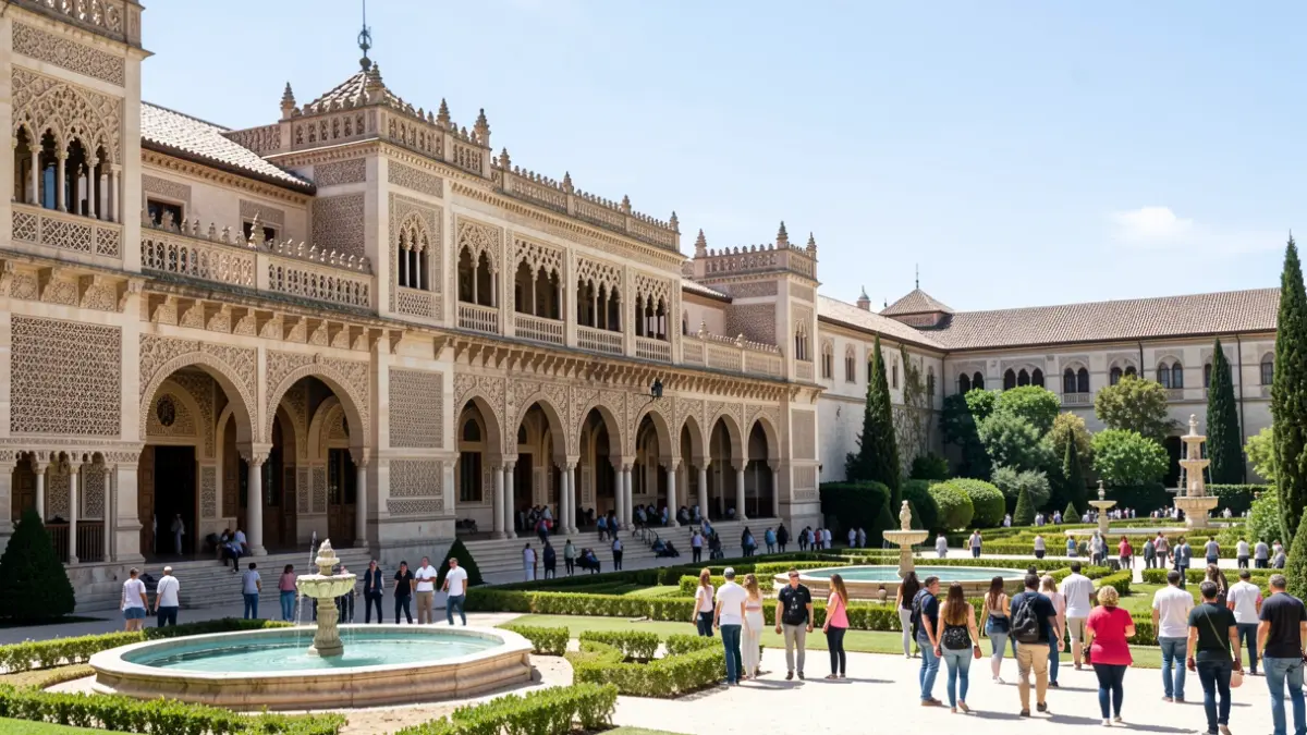 Fachada del Real Alcázar de Sevilla con jardines.
