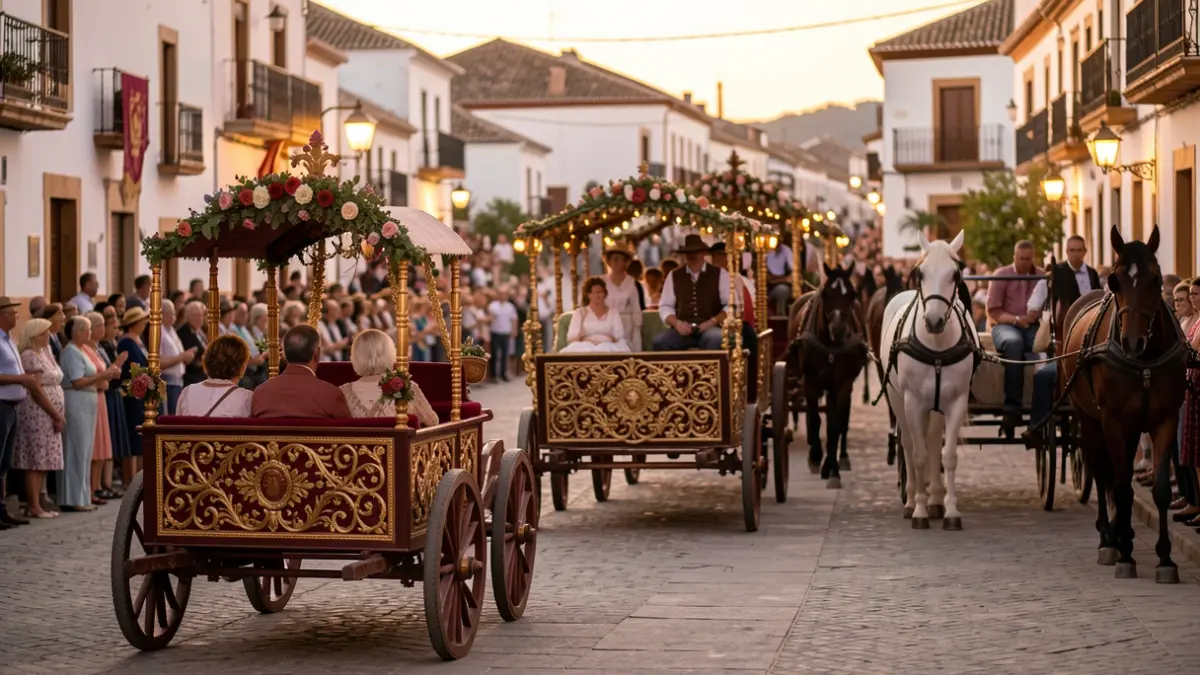 Imagen de una romería con carretas decoradas en una plaza andaluza al atardecer.