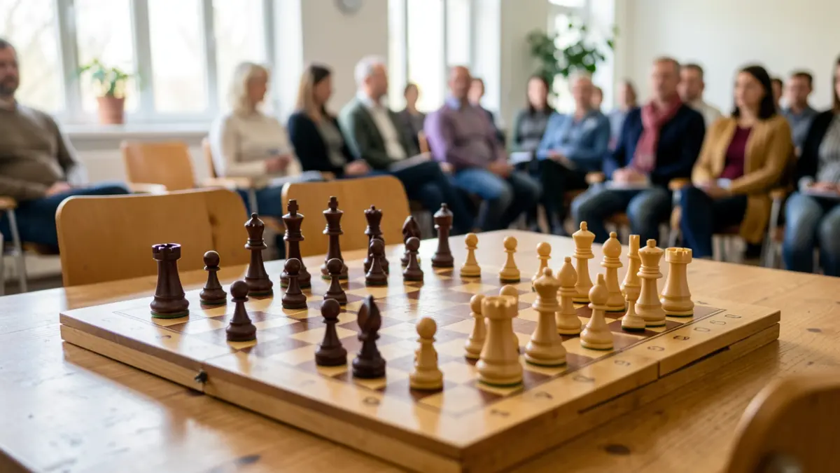 Chessboard with pieces arranged for a lesson in a community center.