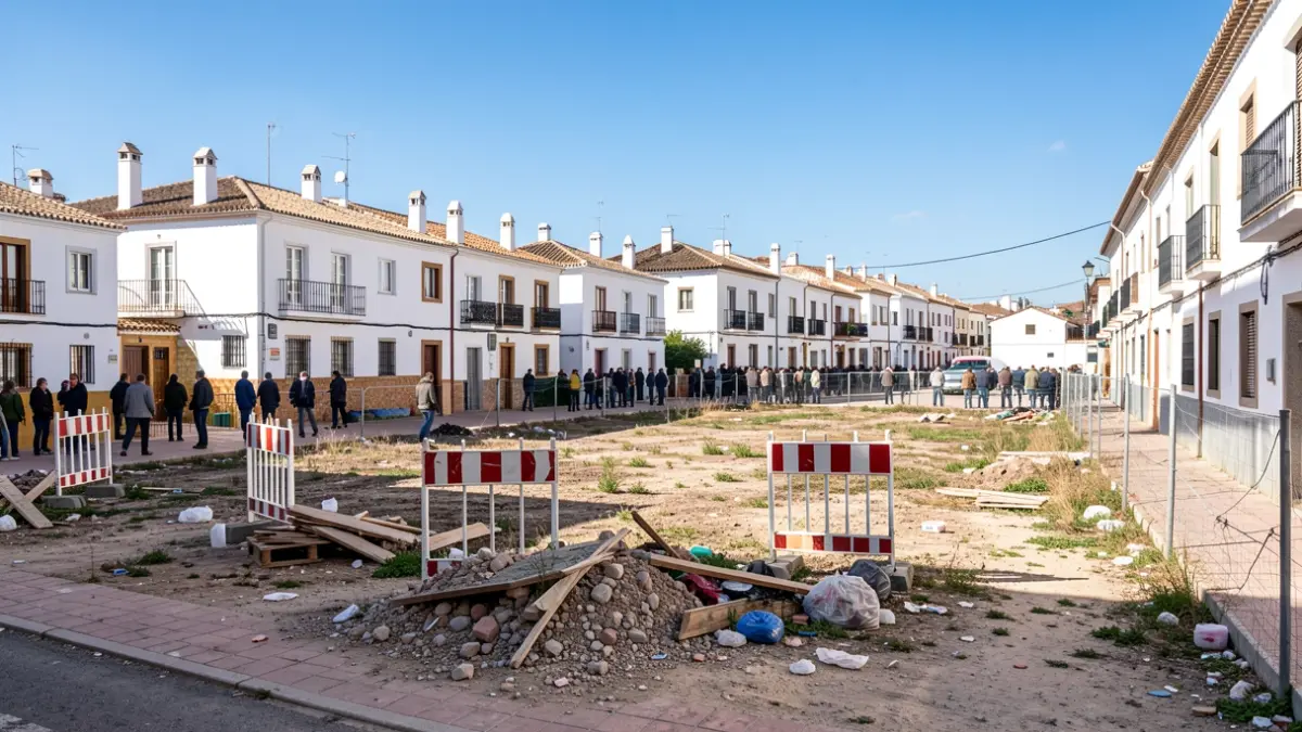 Vacant lot being transformed into a neighborhood parking lot in Huelva.