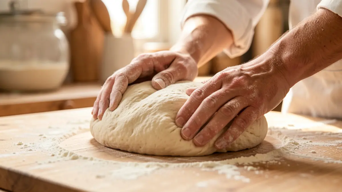 Manos de panadero amasando masa con harina.