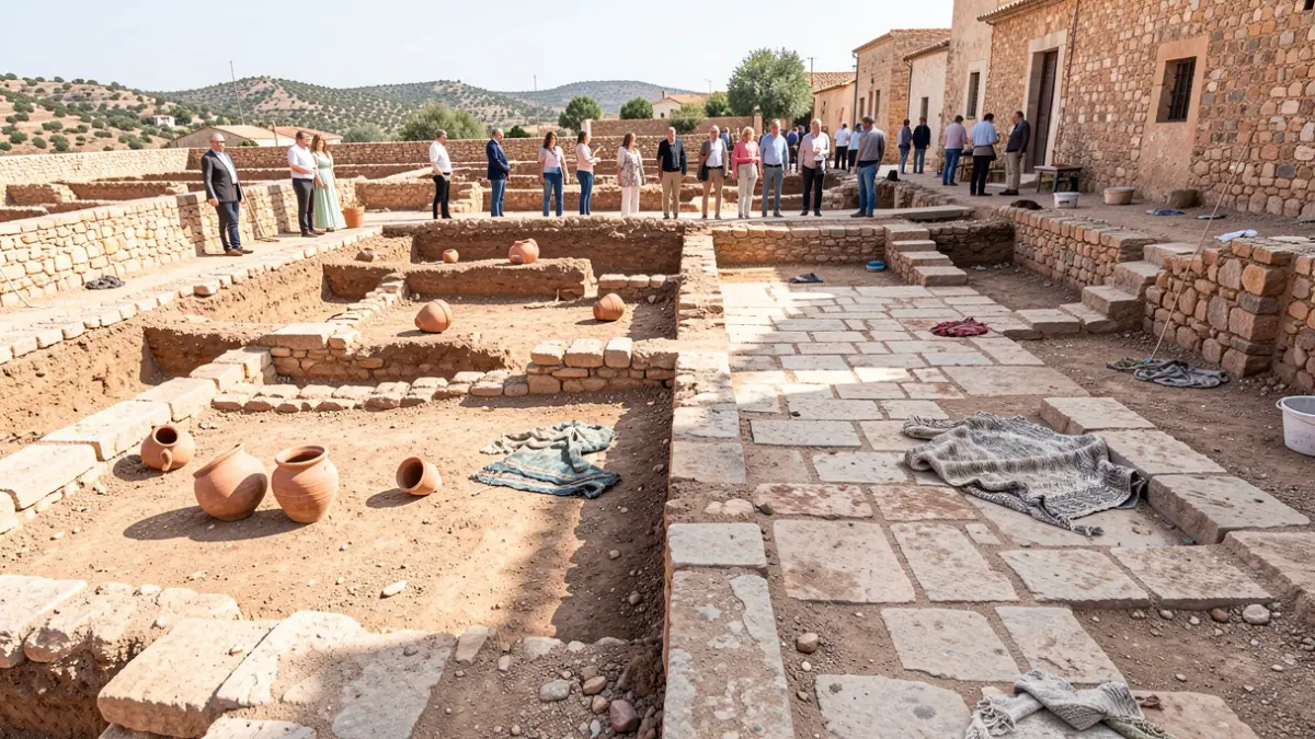 Excavación arqueológica en Mojácar la Vieja con calles y viviendas medievales descubiertas.