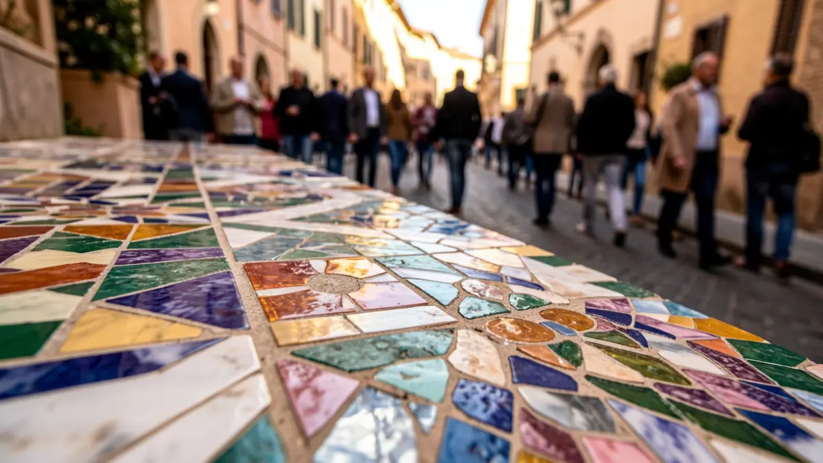 Primer plano de teselas de mosaico de cerámica, piedra, mármol y vidrio con patrones intrincados.