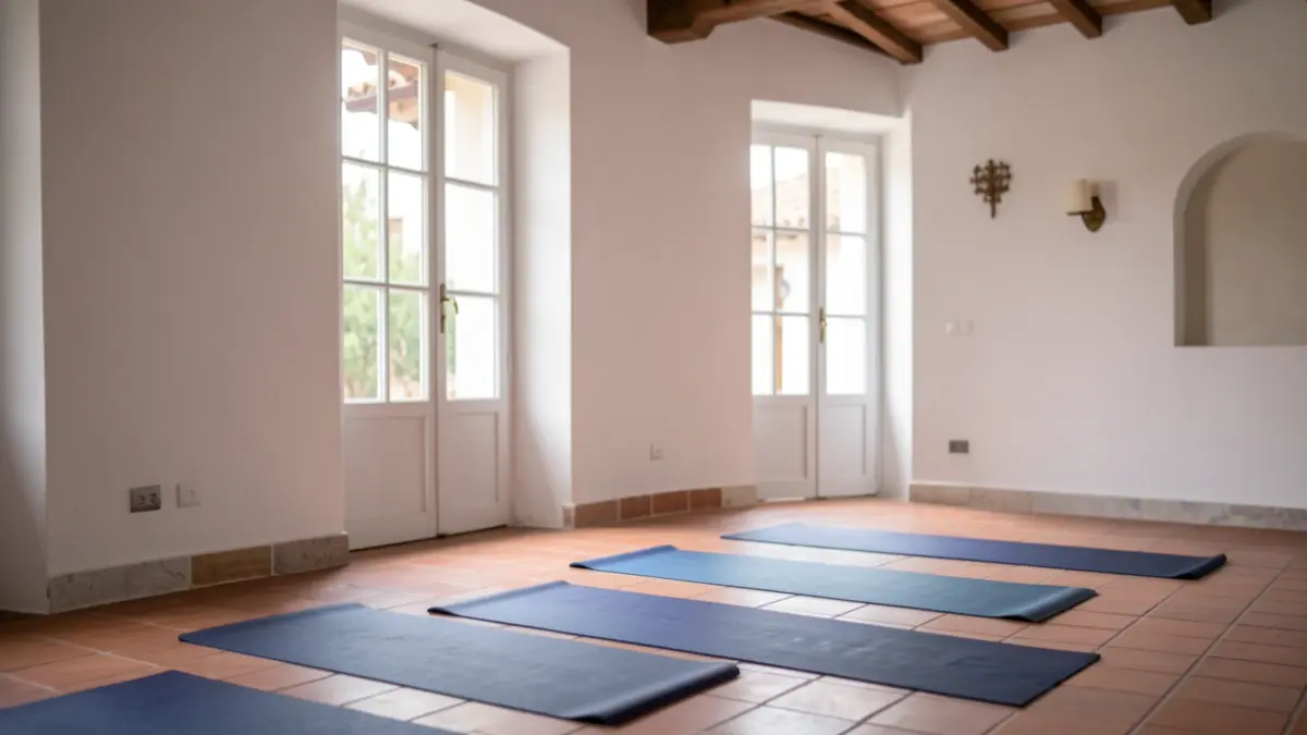 Imagen de un estudio de yoga en un pueblo andaluz con luz natural y detalles arquitectónicos.