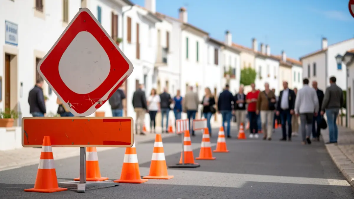 Imagen genérica de obras en una calle de un pueblo andaluz con barreras de tráfico.