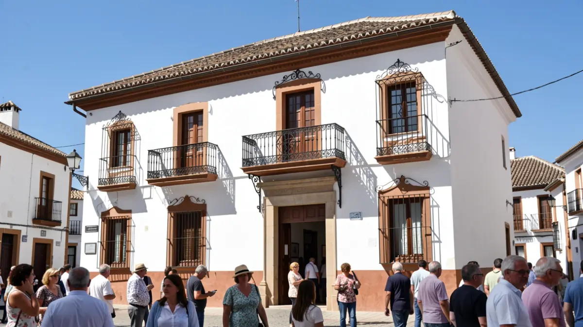 Facade of an Andalusian town hall with an iron balcony and tiled roof.