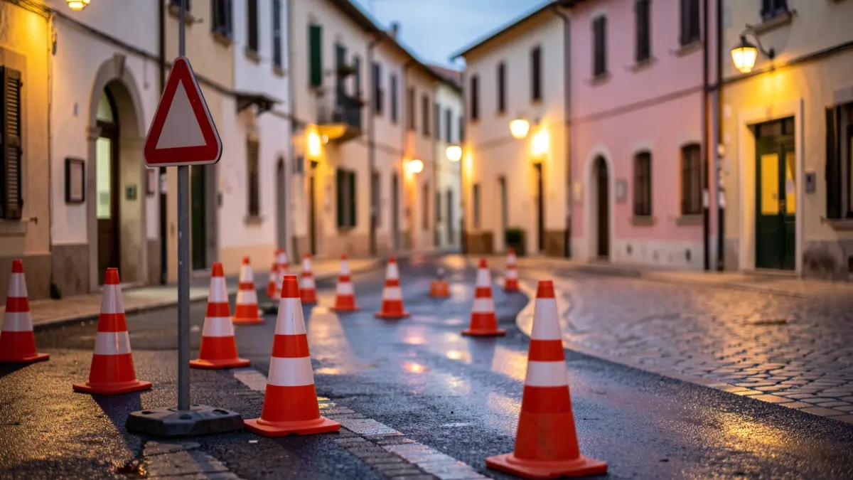 Image of roadworks in a Benalmádena street with detour signage.