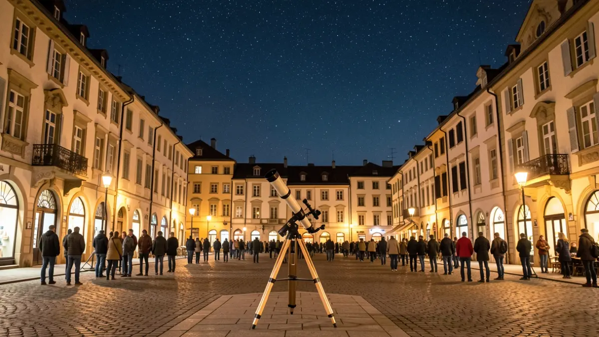 Imagen de una plaza de pueblo por la noche con un telescopio y un cielo estrellado.