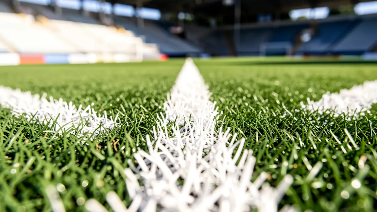 Football field with artificial turf and blurred stands.