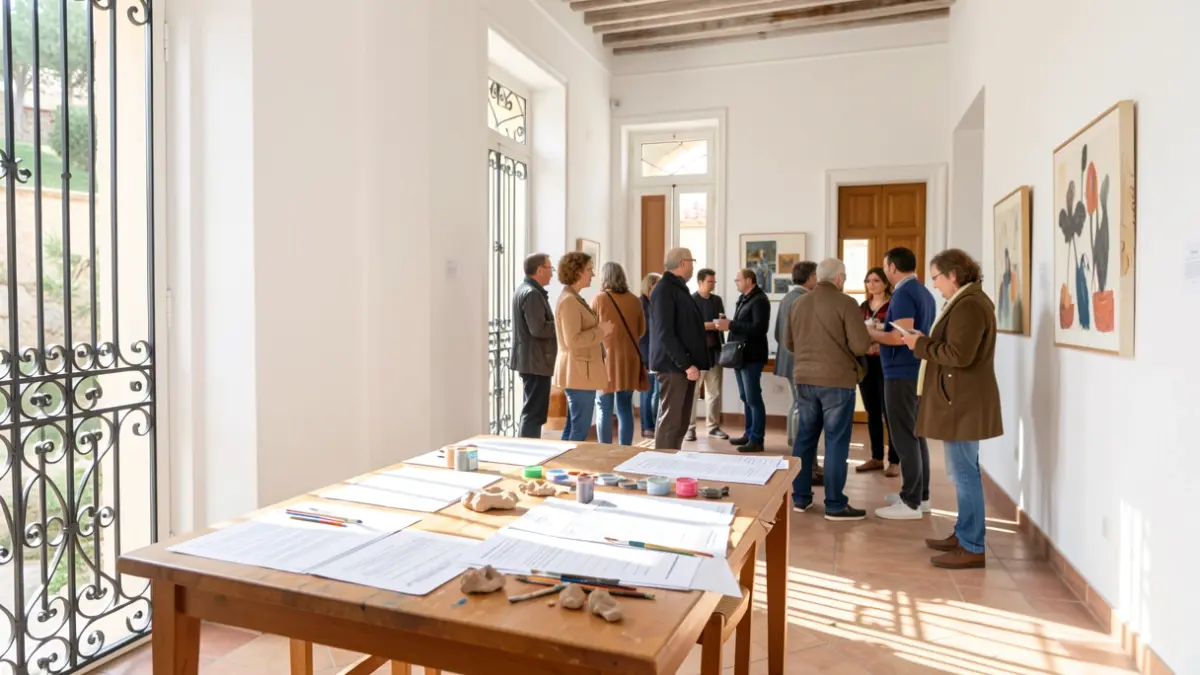 Image of an enrollment room in an Andalusian cultural center, with art supplies and forms.