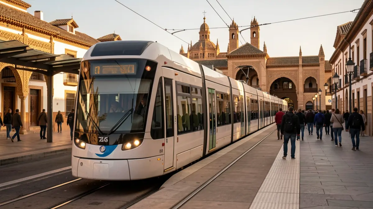 Imagen genérica de un tren de metro llegando a una estación andaluza al atardecer.
