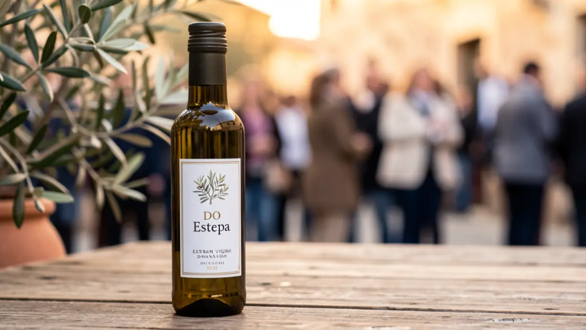 Botella de aceite de oliva virgen extra con la etiqueta 'DO Estepa' sobre una mesa de madera rústica.