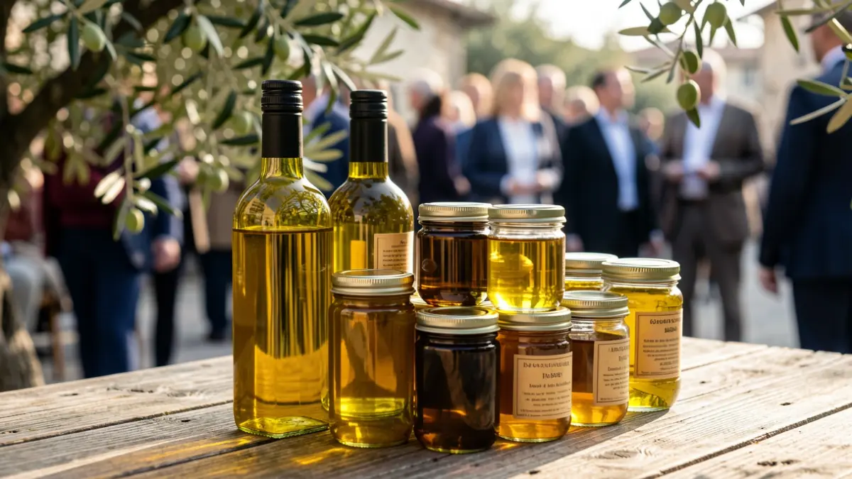 Imagen genérica de botellas de aceite de oliva y tarros sobre una mesa de madera.