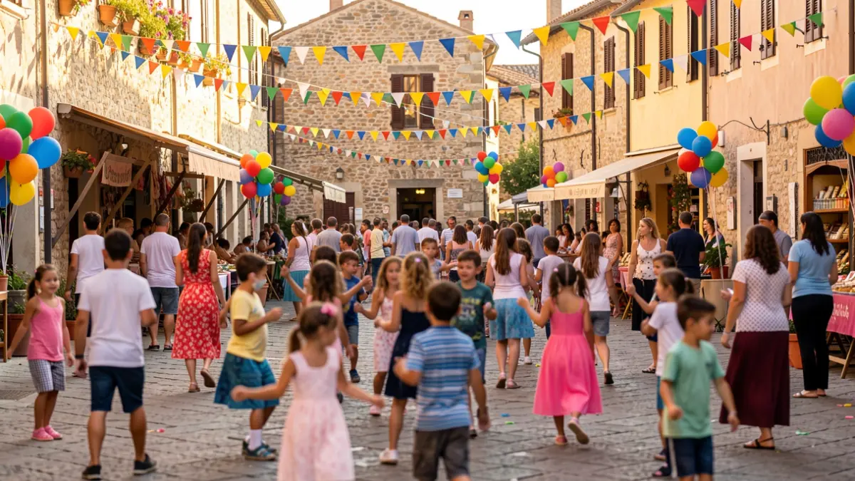 Festive atmosphere in a town square with decorations and children, reflecting the scheduled municipal activities.