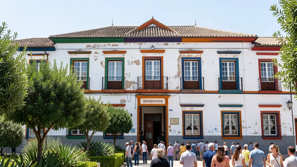 Fachada de un colegio público en Órgiva con trabajos de mantenimiento recientes.