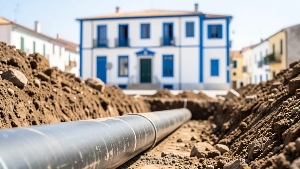 Tubería de fundición dúctil nueva instalada en una zanja en Osunillas, Mijas, con el ayuntamiento al fondo.