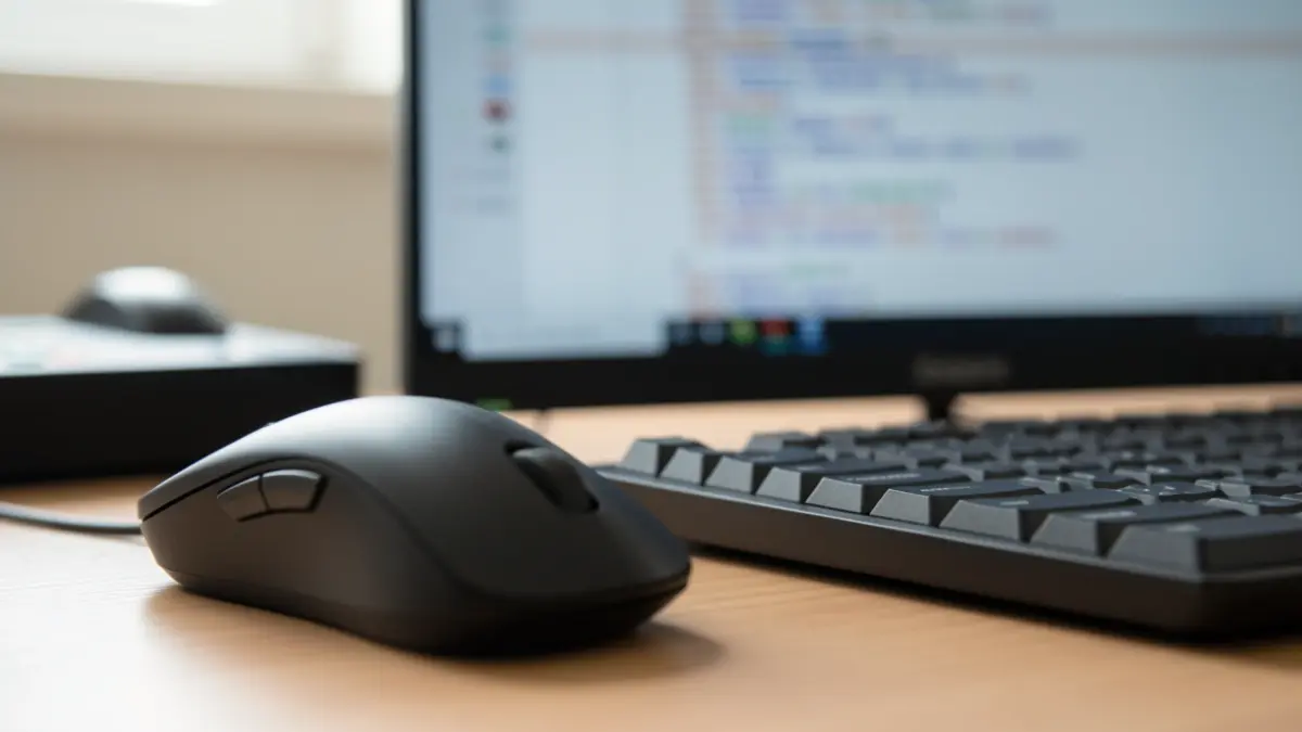 Generic image of a computer mouse and keyboard with blurred programming code in the background.