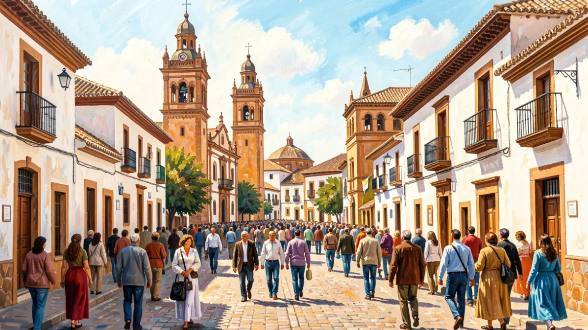 Imagen de una pintura que representa las calles y monumentos de Pedro Abad.