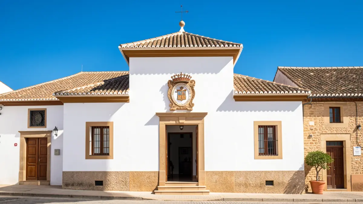 Fachada del Ayuntamiento de Pedroche, edificio institucional bajo un cielo azul.