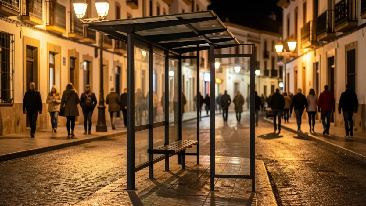 Imagen genérica de una parada de autobús vacía por la noche en una ciudad mediterránea con arquitectura andaluza.
