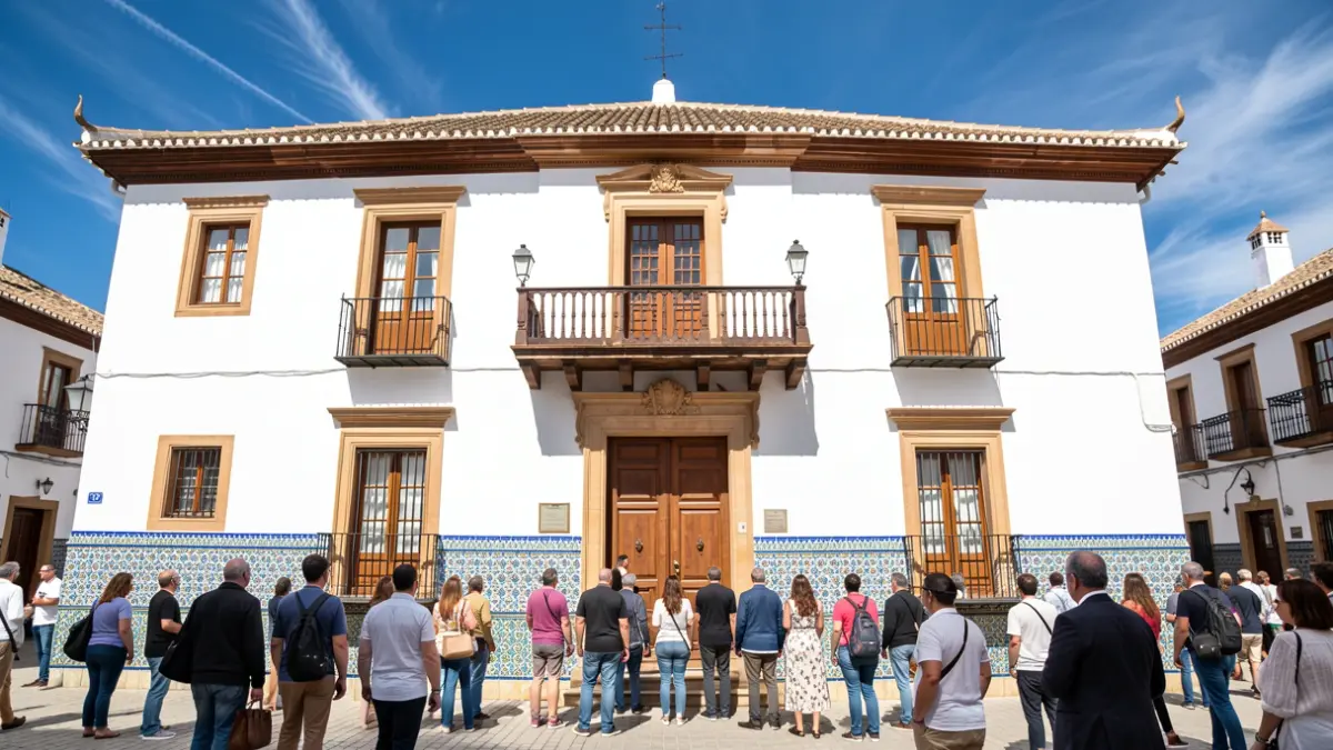 Fachada de un ayuntamiento andaluz con azulejos y balcón bajo el sol.