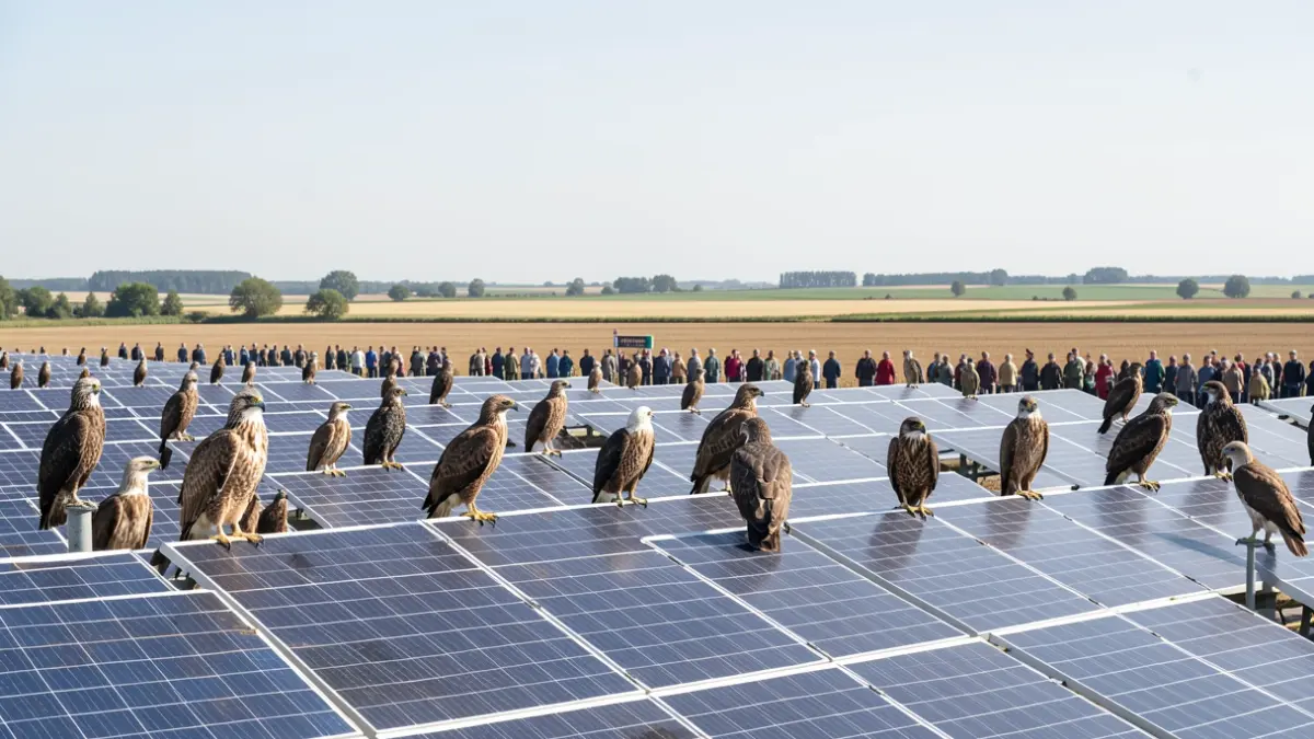 Imagen de rapaces posadas en paneles solares en una instalación fotovoltaica.