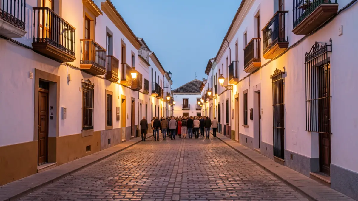 Imagen genérica de una calle de barrio andaluz al atardecer, con arquitectura tradicional y luces cálidas.