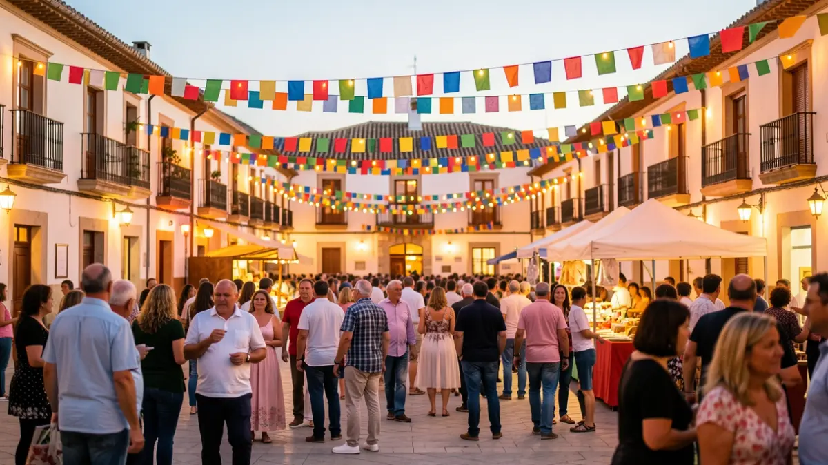Plaza de un pueblo andaluz durante una feria, con ambiente festivo y arquitectura tradicional.