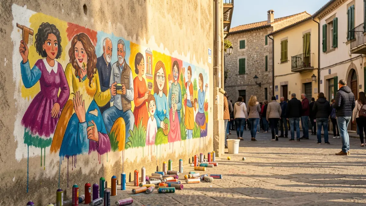 Image of a graffiti mural being painted in an Andalusian town square.