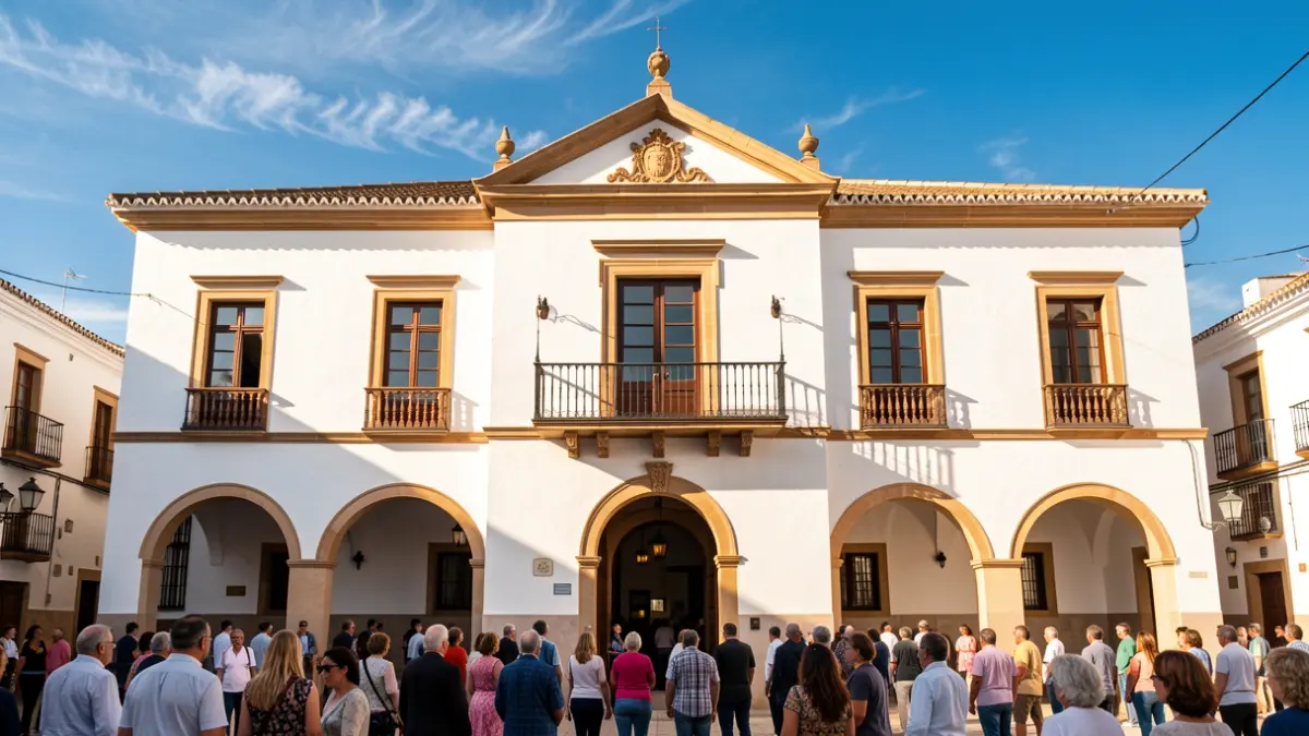 Fachada de un ayuntamiento andaluz tradicional con balcones y luz solar intensa.