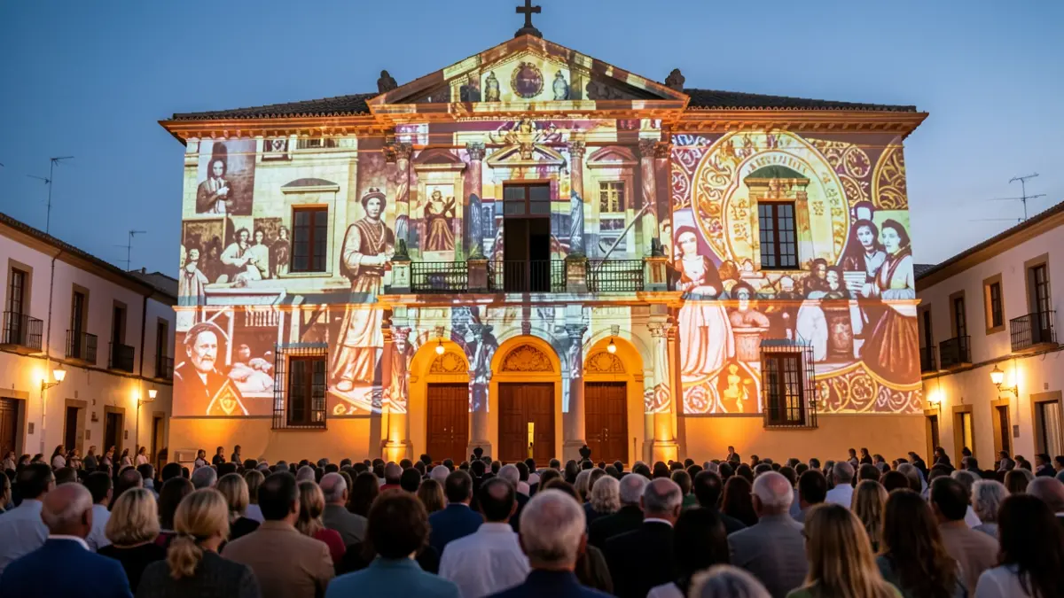 Facade of the Teatro El Silo in Pozoblanco illuminated with video mapping during its 20th-anniversary celebration.
