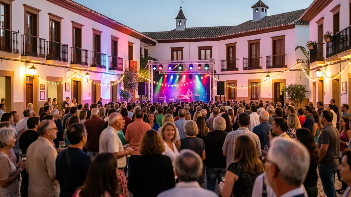 Imagen genérica de una plaza de pueblo andaluz iluminada por luces festivas durante una feria.