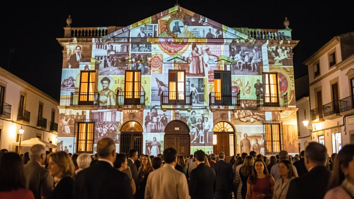 Fachada del Teatro El Silo en Pozoblanco iluminada por un video mapping conmemorativo durante la Noche Blanca de la Cultura.