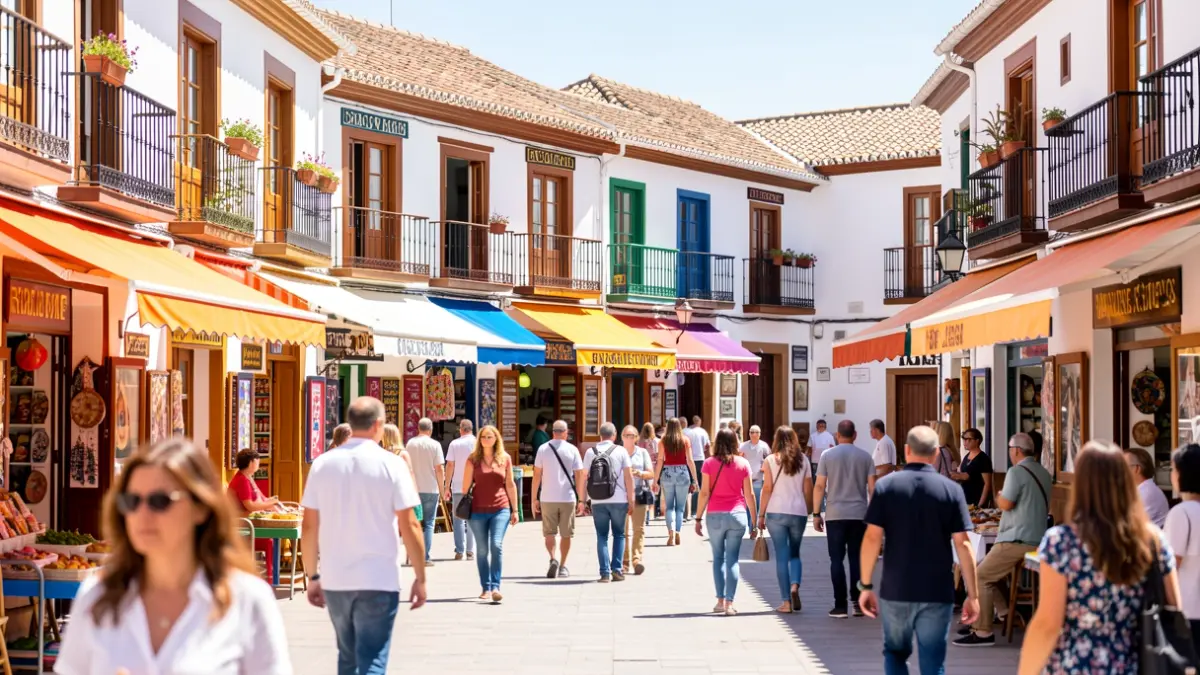 Generic image of an Andalusian town square with shops and people.